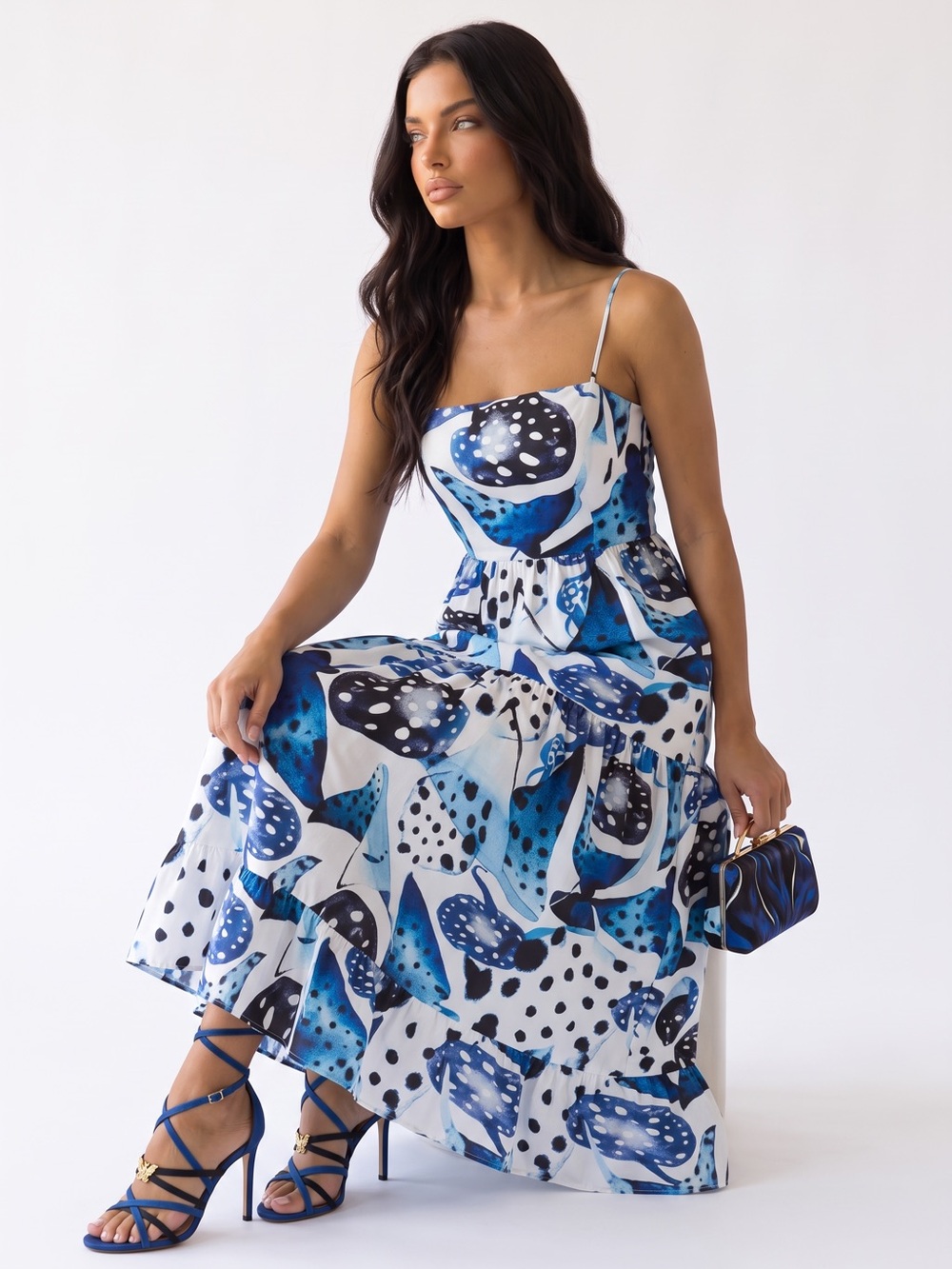 FARM RIO Mantas Sleeveless Square Neck Tiered Maxi Dress Organic Cotton NWT